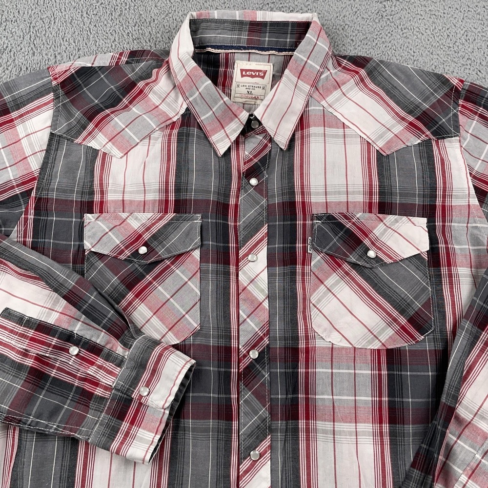 Levis Shirt Mens XL Red Gray Plaid Western Pearl Snap Long Sleeve Cowboy Casual